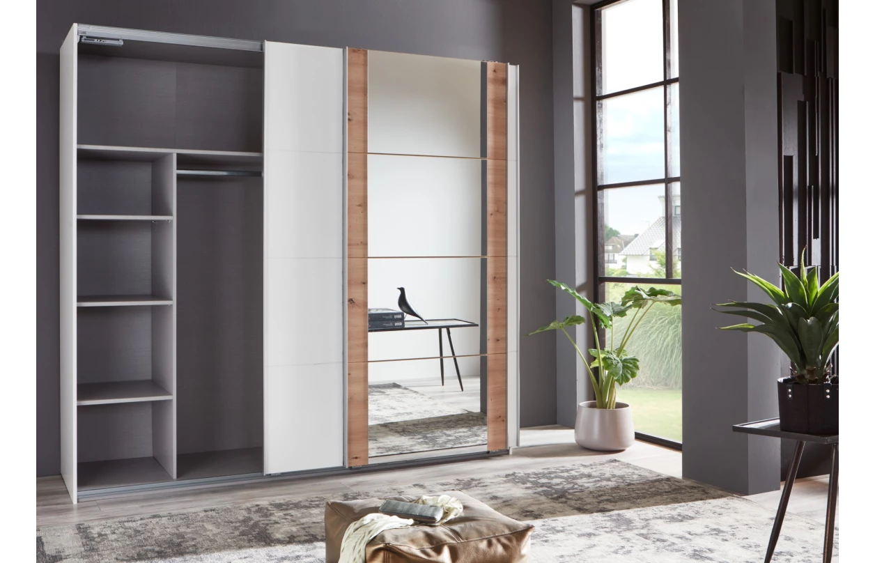 Šatní skříň Bern, šířka 313 cm/výška 208 cm, bílá/dub artisan 7