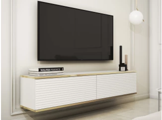 Závěsná TV skříňka Orfeo, 135 cm, bílá struktura/zlatá