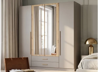 Šatní skříň se zrcadly Marburg, 180 cm, šedá sahara/dub artisan